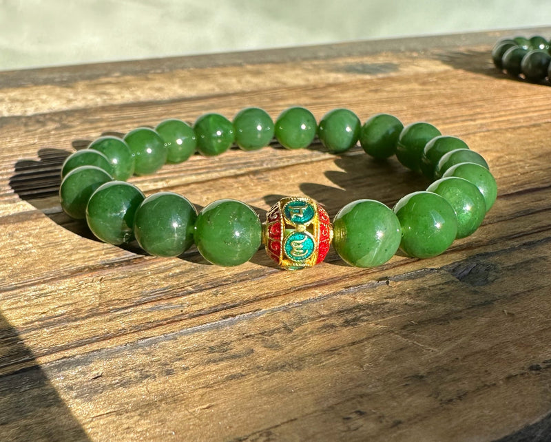 Natural 10mm Dark Green Jade Round Bead Stretchy Bangle Bracelet – 7.5 Inch, Handmade Gemstone Jewelry