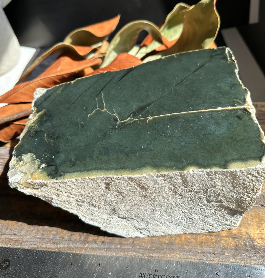 Wyoming Jade slab with dark green surface and pale edge set on a rough gray base with leaves in the background