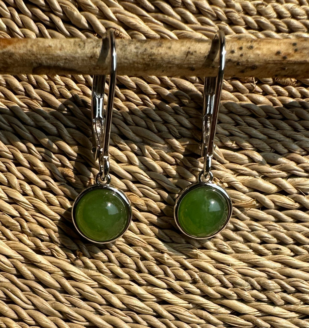 Jade round leverback earrings 6mm with green cabochon set in a silver bezel.