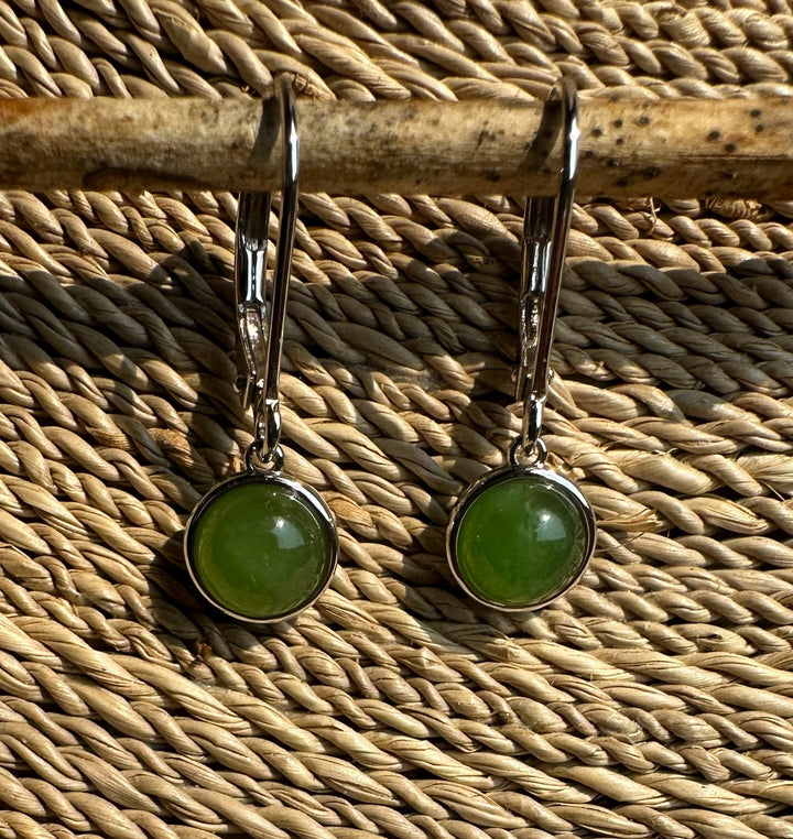 Jade round leverback earrings 6mm with green cabochon set in a silver bezel.
