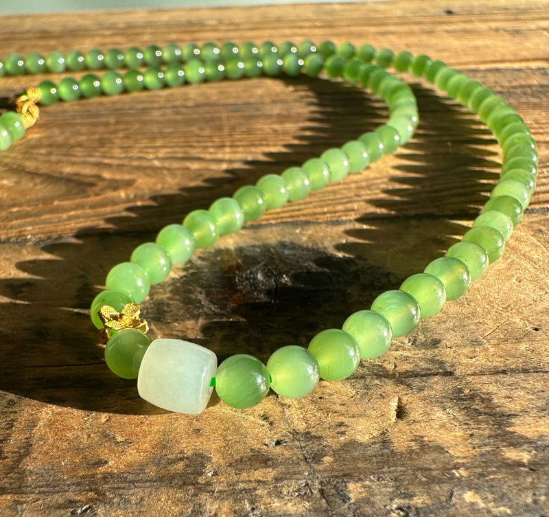 AA Siberian Nephrite Jade Bead Necklace with 18k Setting