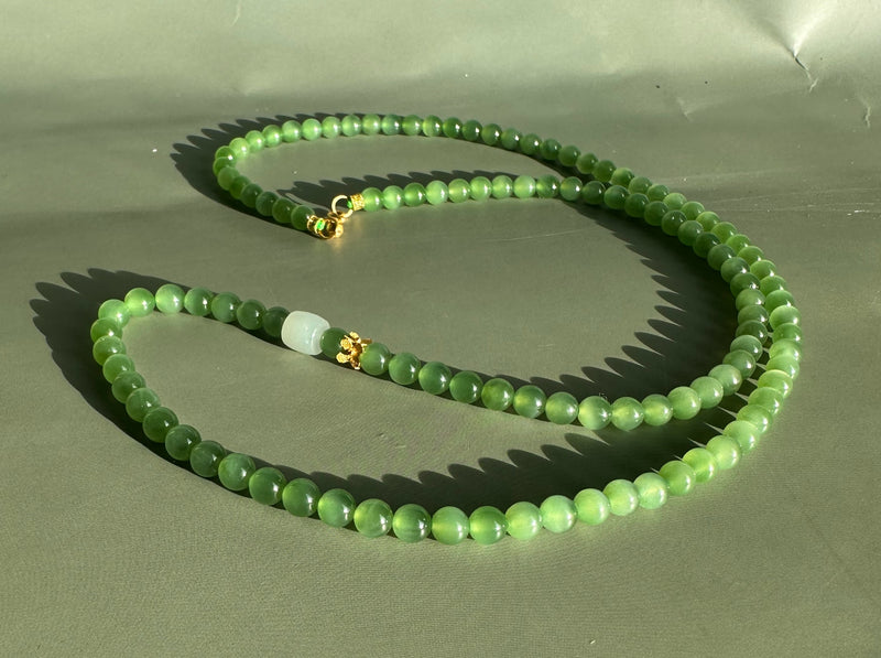 AA Siberian Nephrite Jade Bead Necklace with 18k Setting