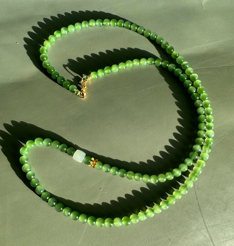 AA Siberian Nephrite Jade Bead Necklace with 18k Setting