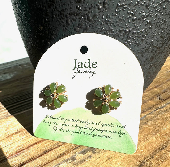 Two green jade flower stud earrings displayed on a white Jade Jewelry card