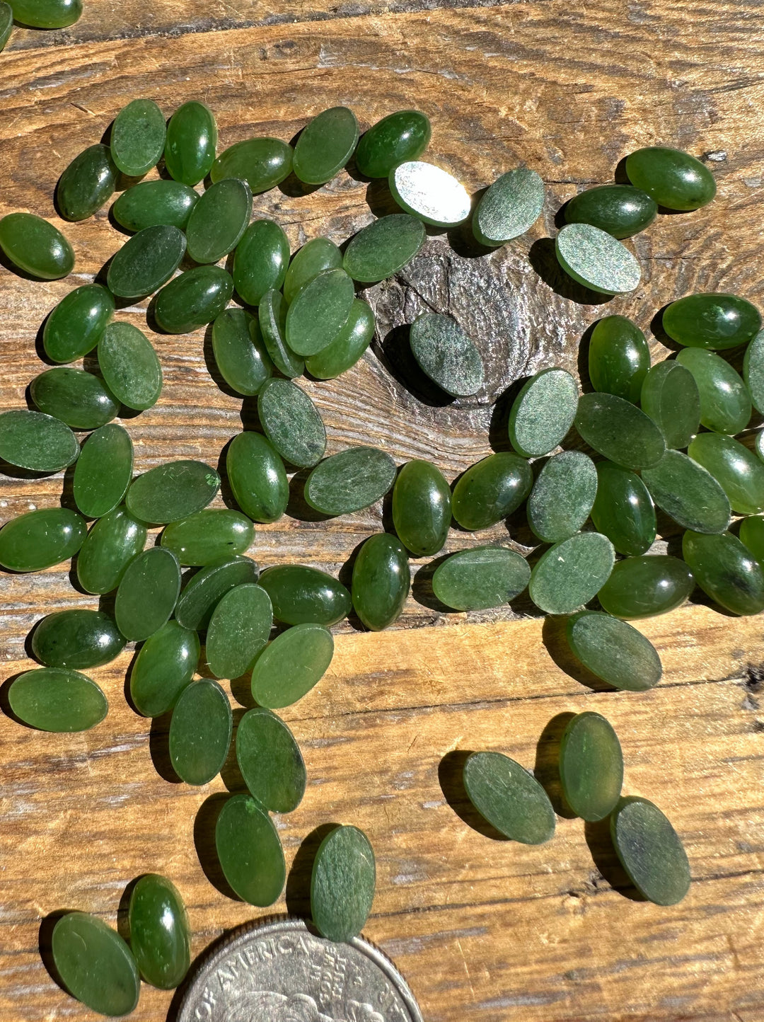 Green nephrite jade oval cabochons laid out on a wooden surface with a coin for scale
