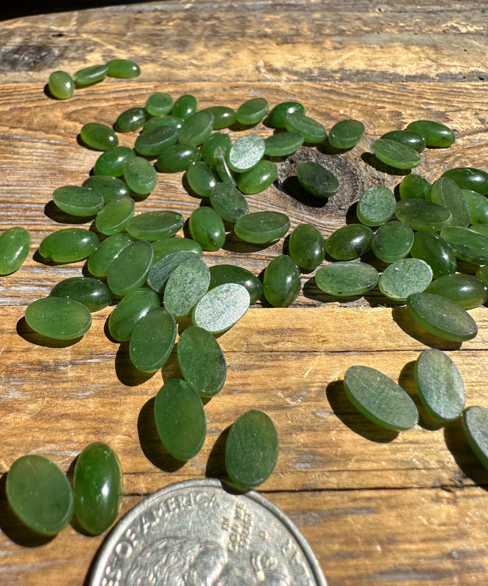 Canadian nephrite jade oval cabochons 10x6mm scattered on wood with a coin for scale