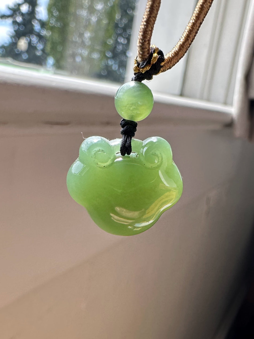 Green nephrite jade Ruyi pendant 19mm on a brown cord with a black knot against a window backdrop
