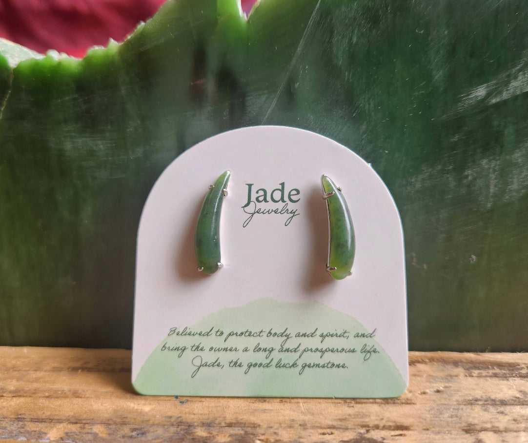 Canadian jade ear climber earrings on sterling silver displayed on a Jade Jewelry card
