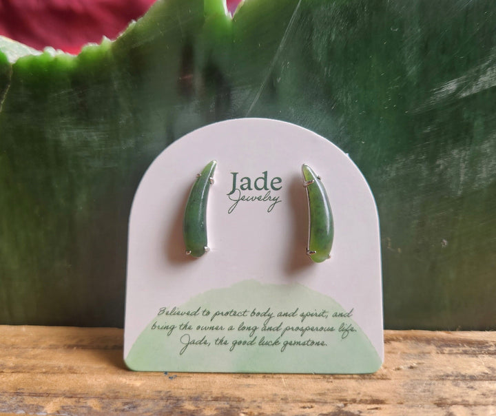 Canadian jade ear climber earrings on sterling silver displayed on a Jade Jewelry card