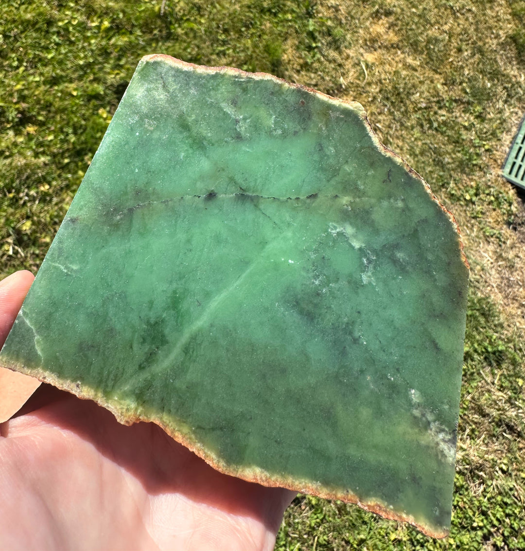 A hand holding a large, raw green jade slab with rough, uneven edges, set against a background of grass and dry leaves outdoors.