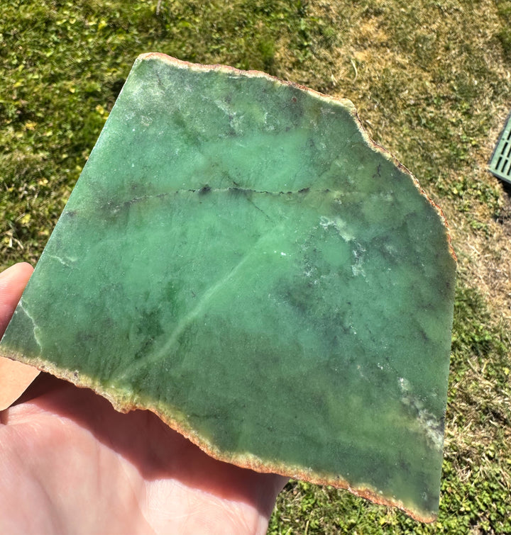 A hand holding a large, raw green jade slab with rough, uneven edges, set against a background of grass and dry leaves outdoors.