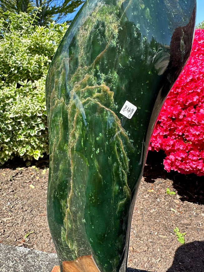 Side view of tall polished Canadian jade specimen with a small label on its surface outdoors beside vibrant shrubs.