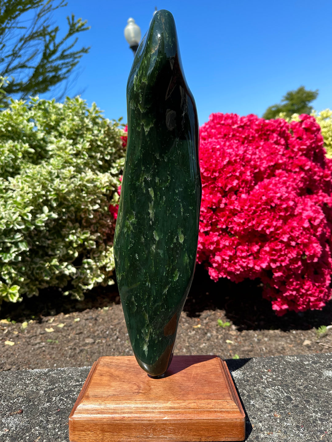 18 lbs 6 oz polished Canadian jade specimen on a wooden pedestal in a sunny garden with blue sky and pink azaleas.