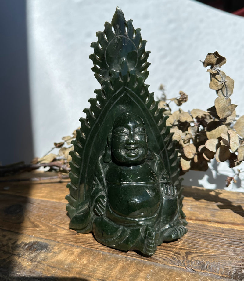 Dark Green Happy Jade Buddha Sculpture - 7.5"