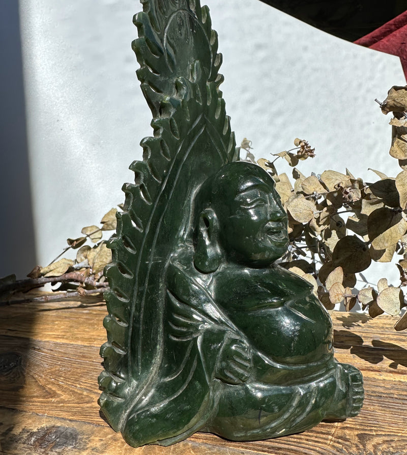 Dark Green Happy Jade Buddha Sculpture - 7.5"