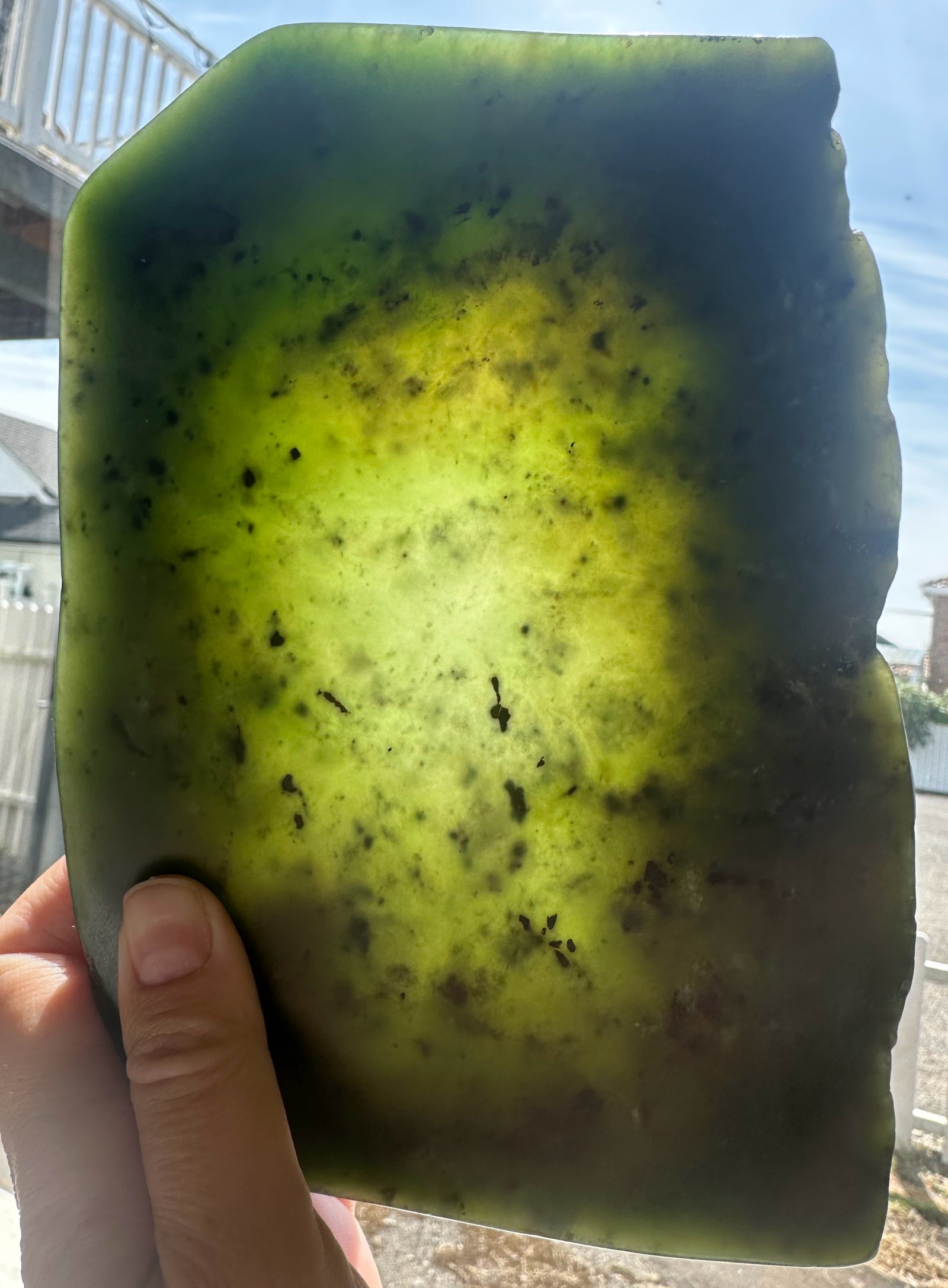 A hand holding a large, raw, polished stone slab with irregular edges, showing a translucent yellow-green body with dark brown and black inclusions and a darker green rim, photographed outdoors in natural light.