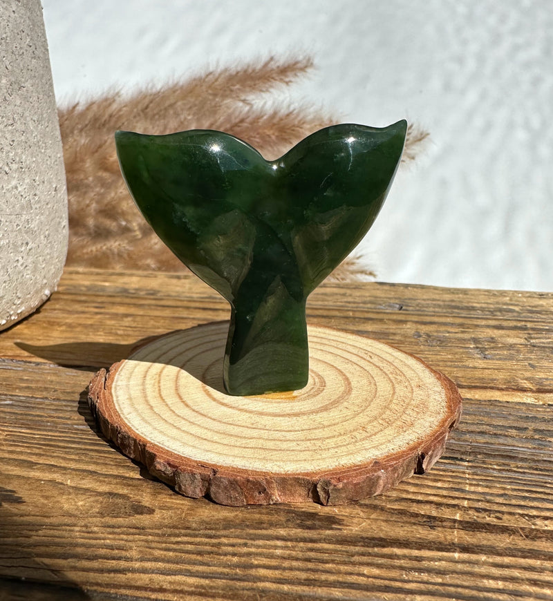 Jade Whale Tail on Wood Base