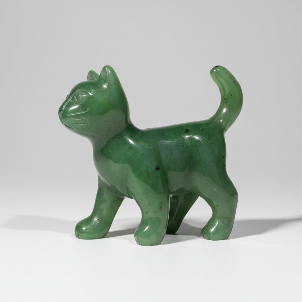 A small green translucent cat figurine standing on a round wooden surface against a neutral gray background.
