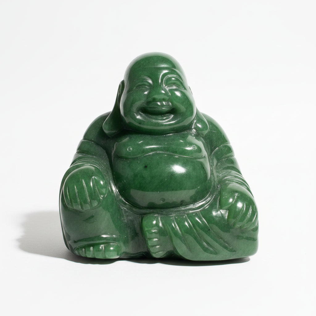 Dark Green Jade Happy Buddha Figurine, on a light white background