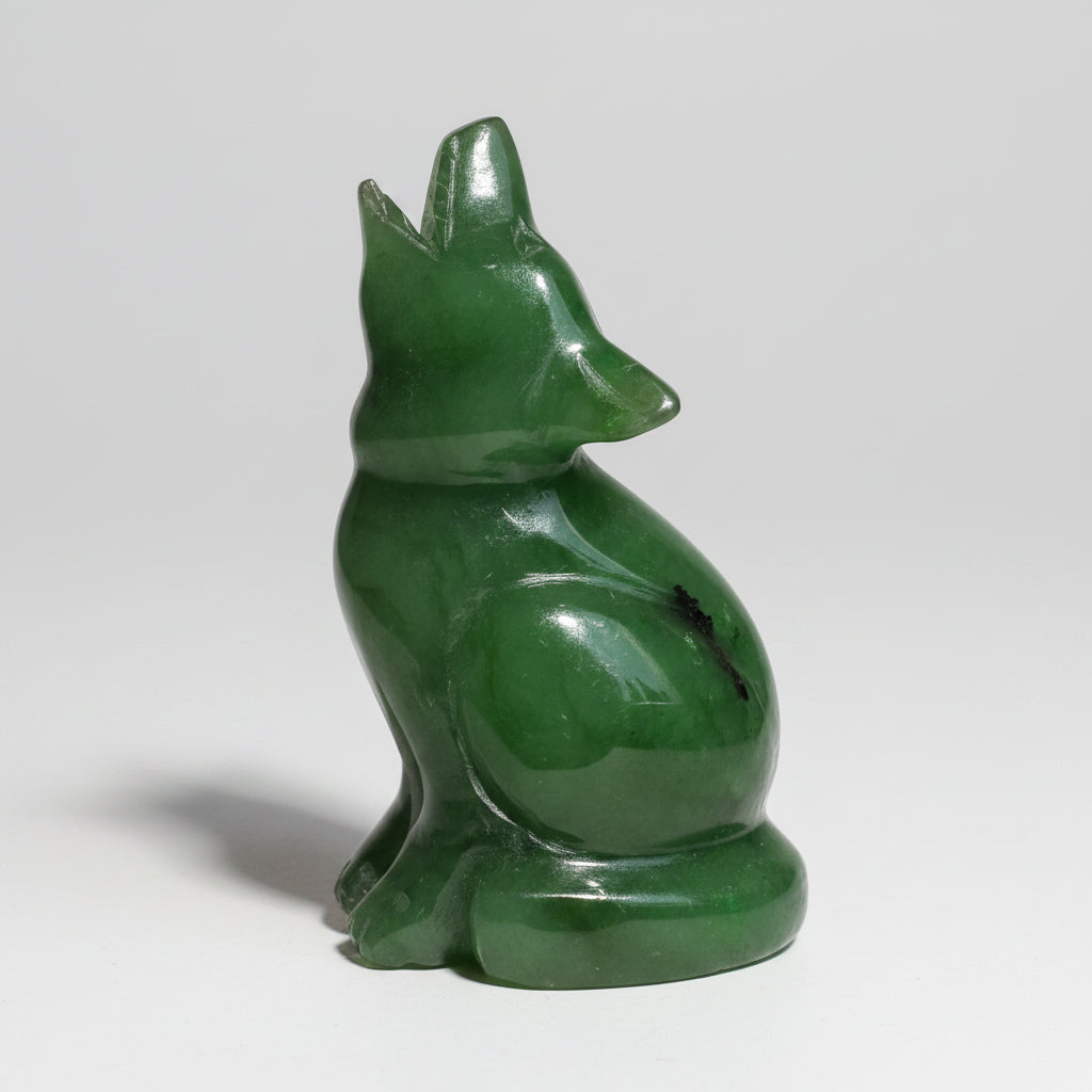 A small glossy green jade wolf figurine, shown in profile against a plain white background.
