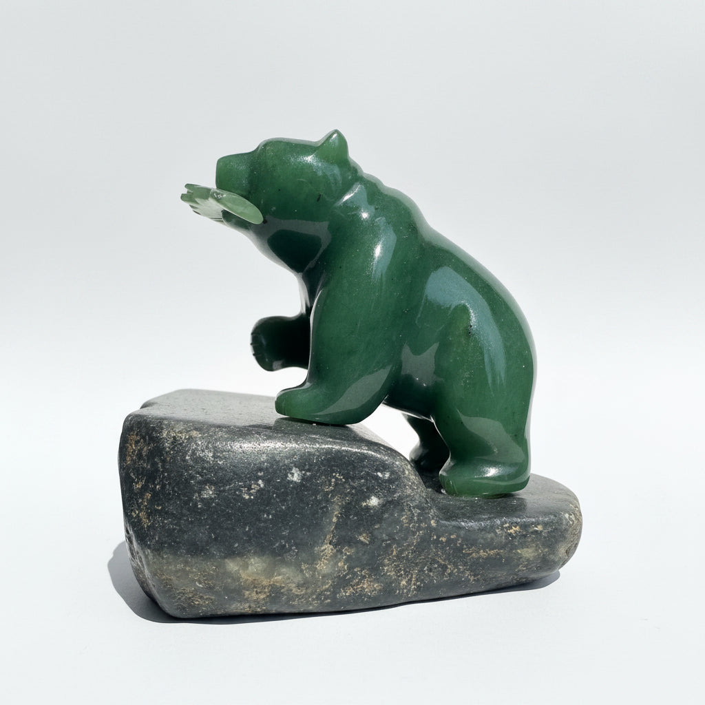 Jade Bear holding a jade fish in its mouth, standing on a granite base, with a white background