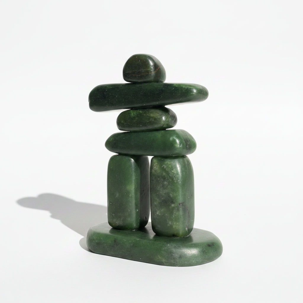 A green jade inukshuk sculpture standing on a neutral white  background.