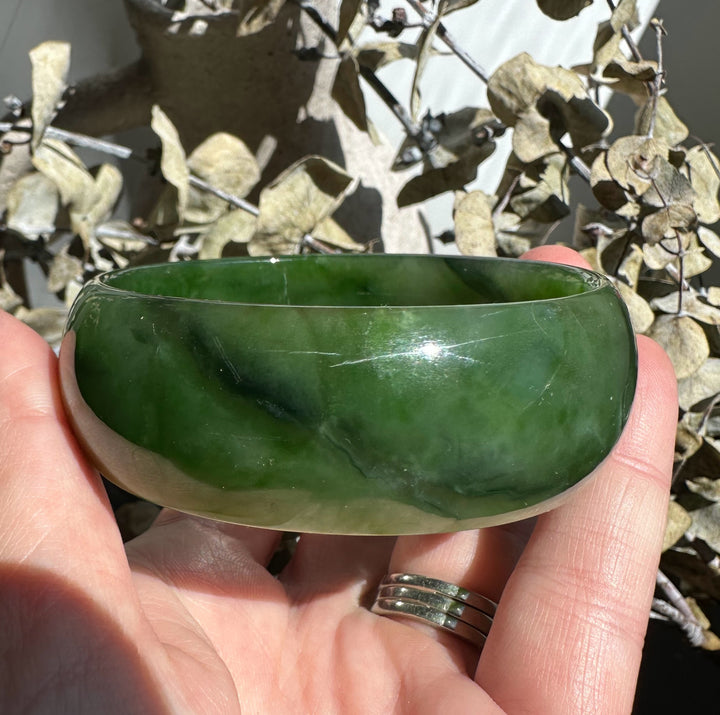 A Grade Ogden jade bangle in deep green held in hand with dried leaves in background