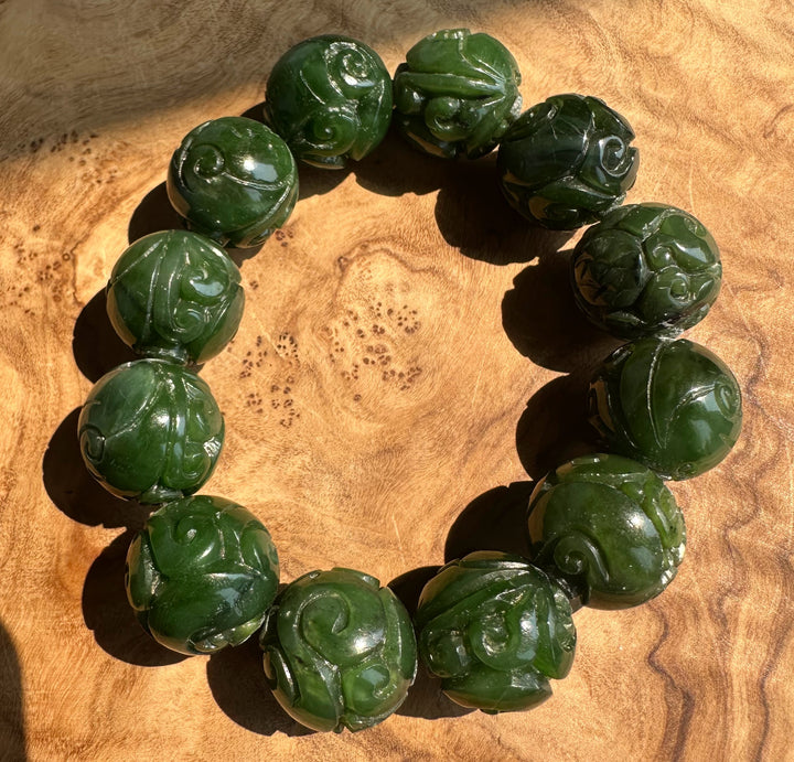 18mm Carved Jade Bead Bracelet* chipped