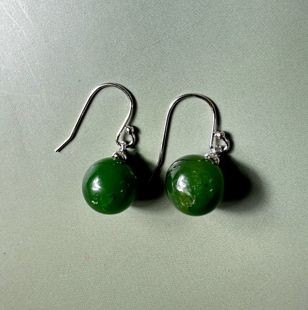Canadian jade earrings with 10mm green beads and silver hooks