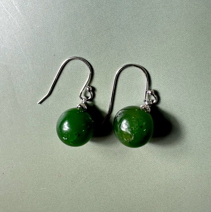 Canadian jade earrings with 10mm green beads and silver hooks
