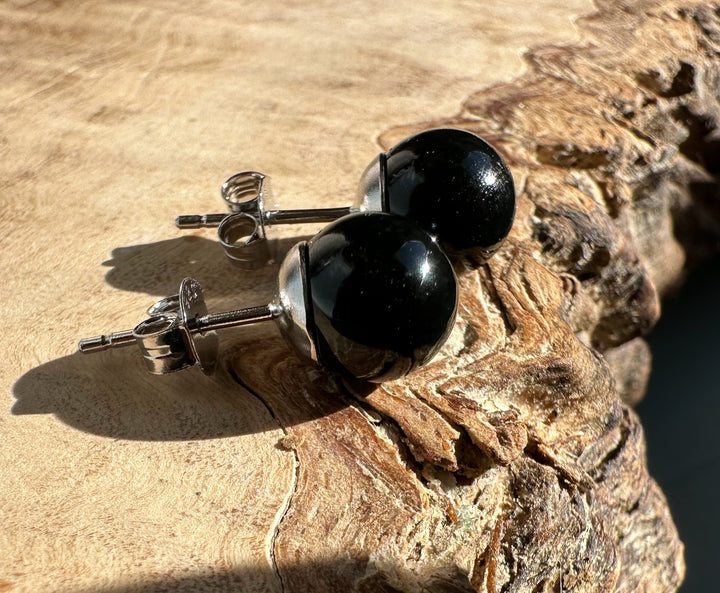Black jade sphere stud earrings with silver posts