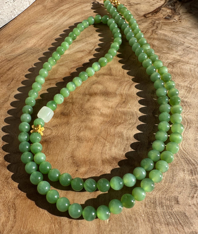 A+ Siberian Nephrite Jade Bead Necklace with 18k Setting