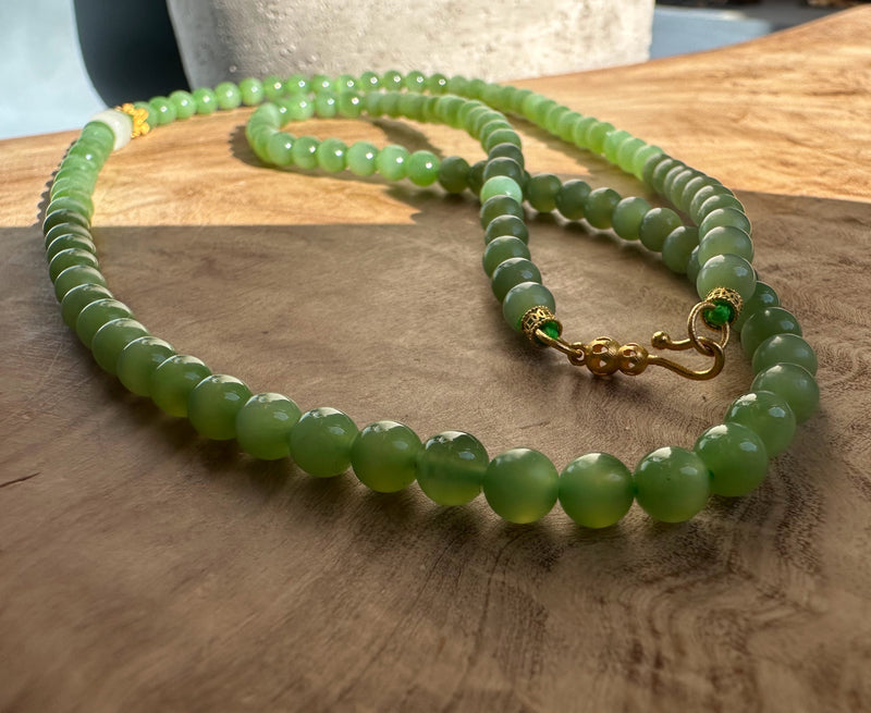 A+ Siberian Nephrite Jade Bead Necklace with 18k Setting