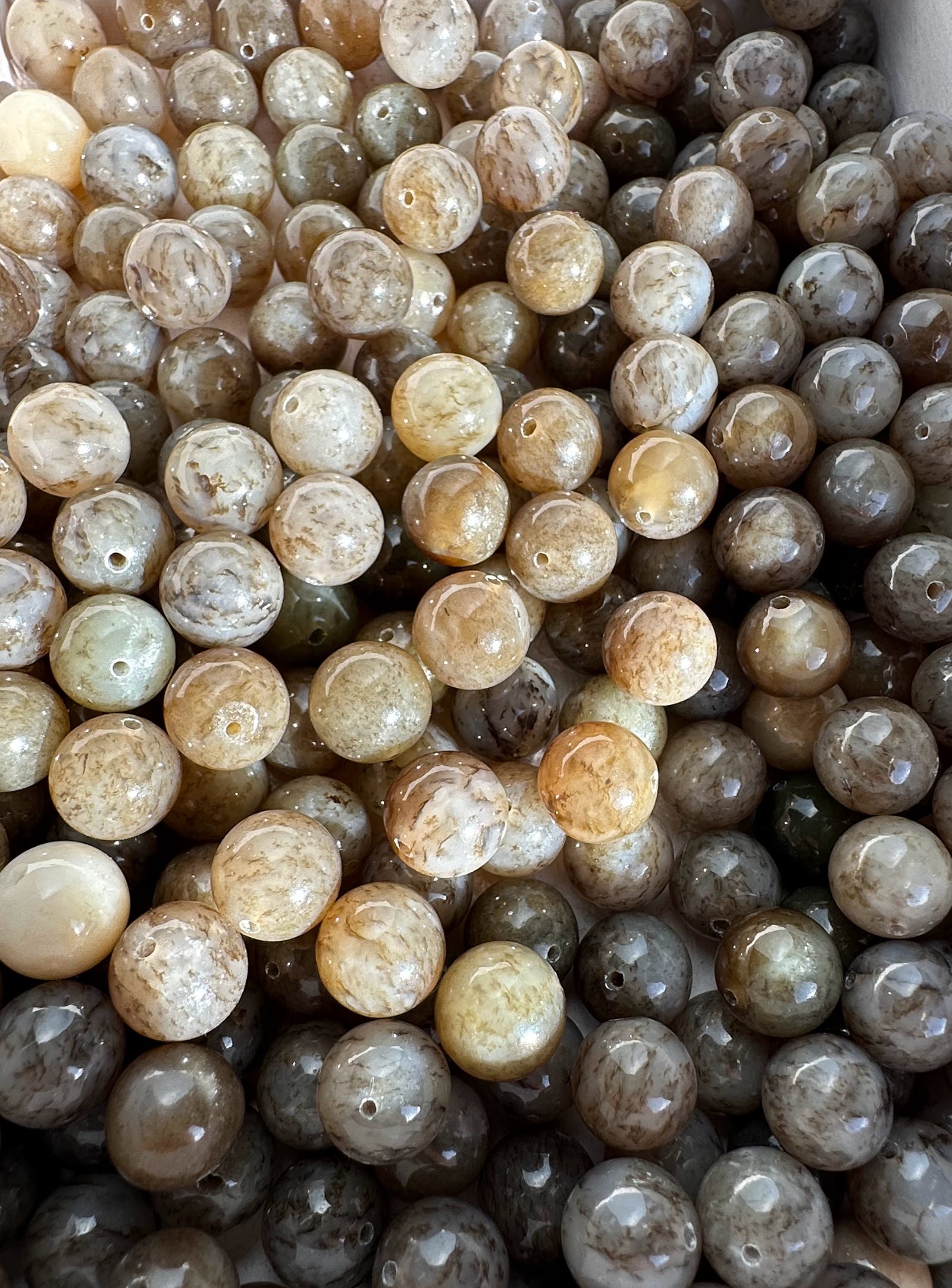 Siberian nephrite jade beads 10mm loose round beads in tan to gray tones with drill holes