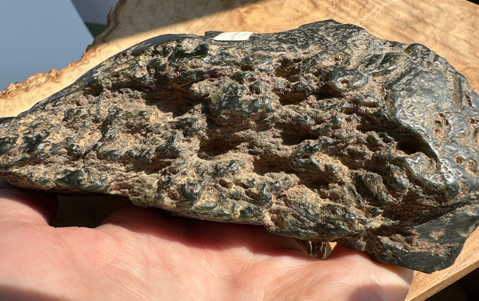 A rough,jade dark stone or mineral sample being held in a person's hand over a wood surface.