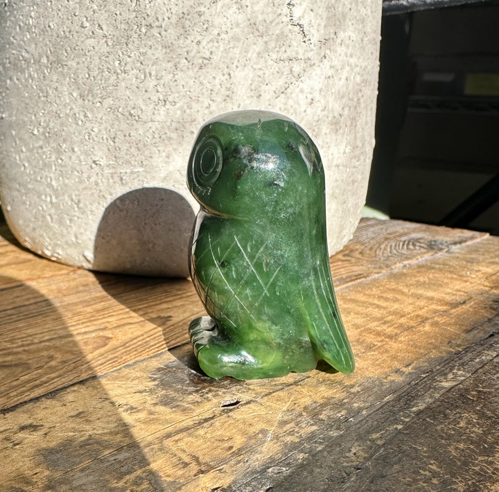 Canadian jade owl 2 inch carving in green jade on a wooden table beside a planter