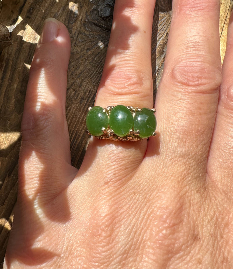Vintage Jade Oval Three Stone Ring - 