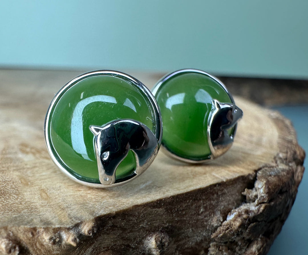 Green jade disc stud earrings with silver horse head accents in round bezels
