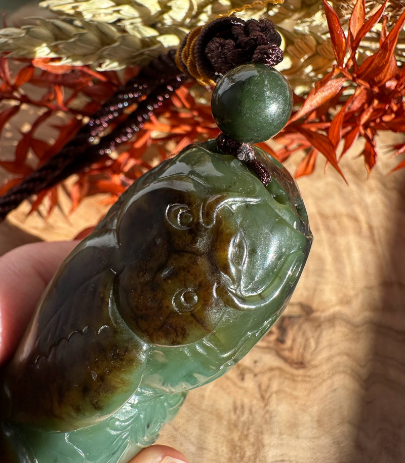Canadian Jade Hand Held Catfish and Lotus Root Pendant - 3.1"