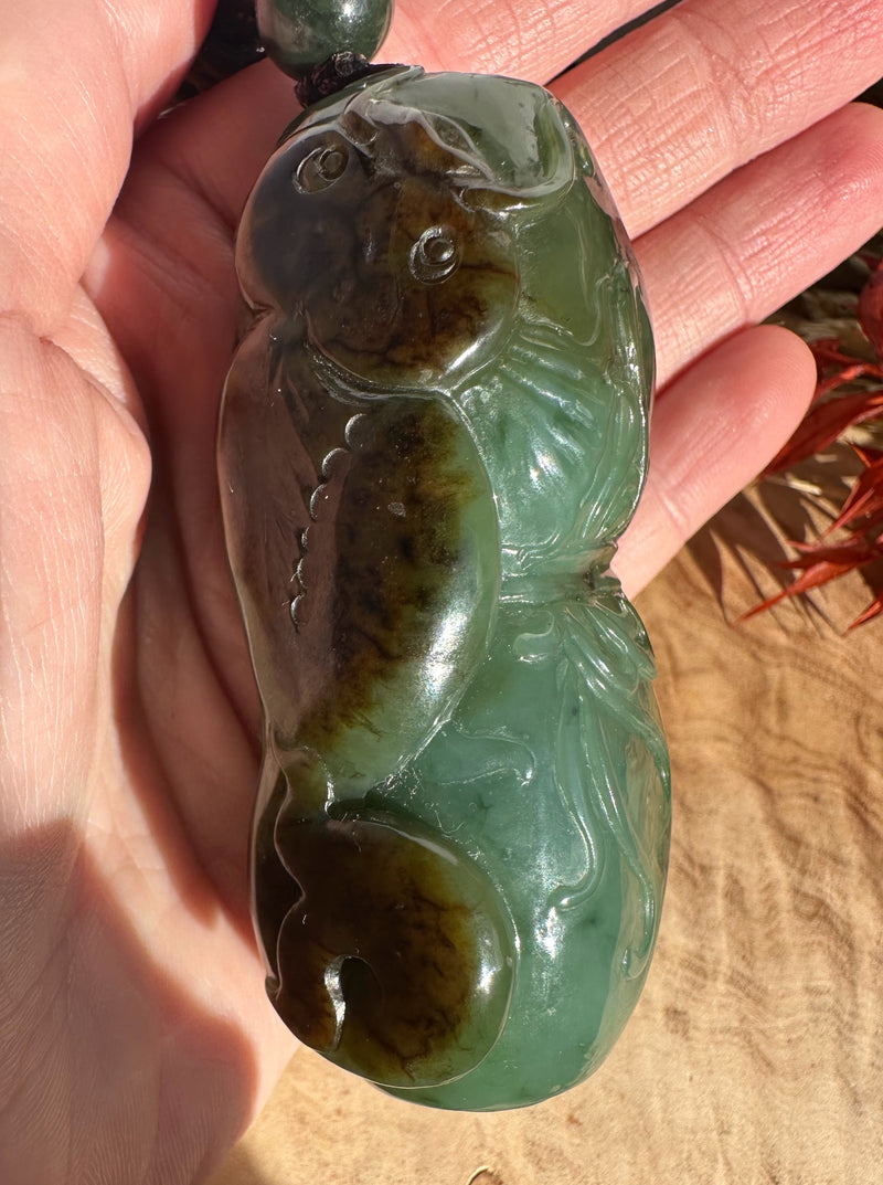 Canadian Jade Hand Held Catfish and Lotus Root Pendant - 3.1"