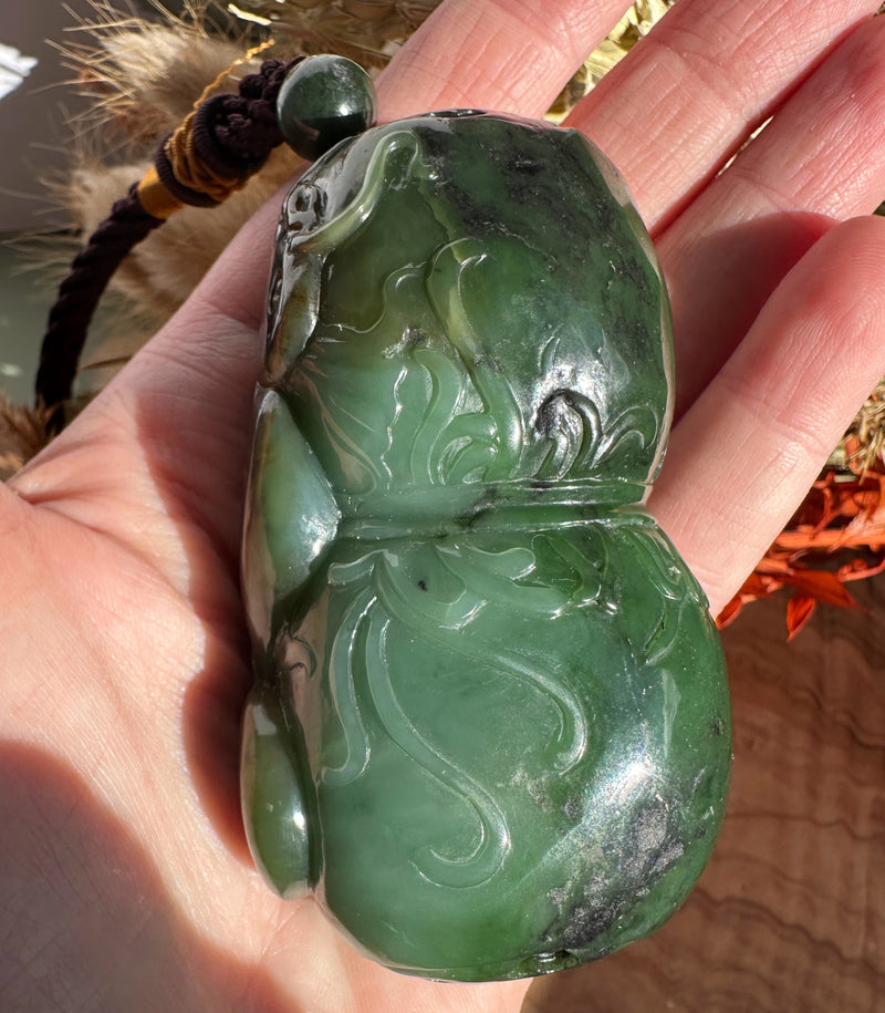 Canadian Jade Hand Held Catfish and Lotus Root Pendant - 3.1"
