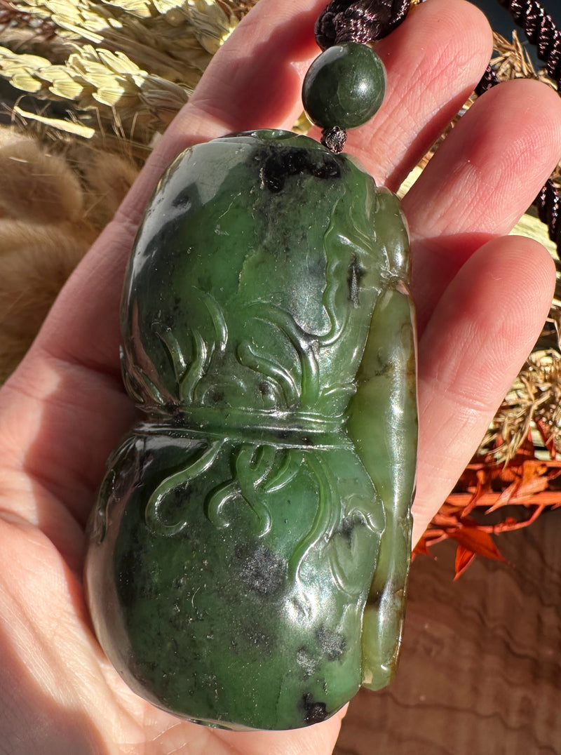 Canadian Jade Hand Held Catfish and Lotus Root Pendant - 3.1"