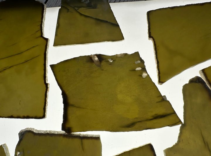 Several irregular olive-green jade with rough, natural edges arranged on a white background.