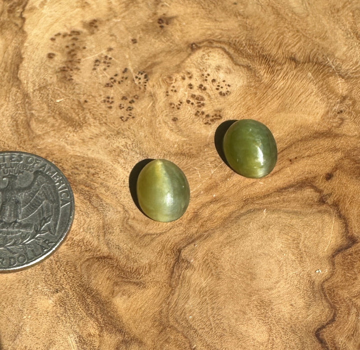 Two oval green Siberian Cats Eye cabochons on a wood surface with a coin for scale