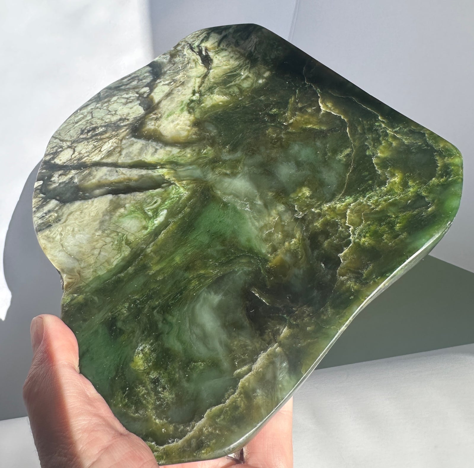 Canadian Jade Dish with dark green marbling held in a hand for scale
