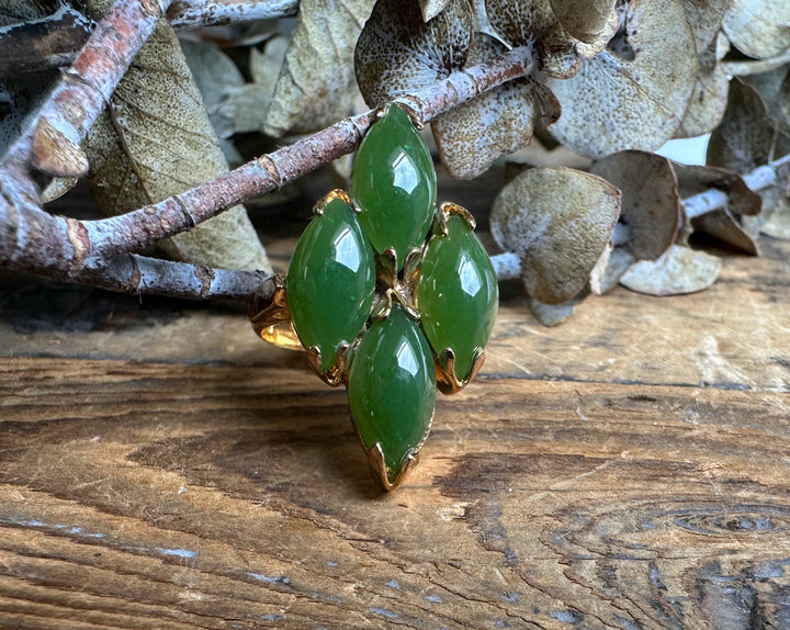 Vintage Jade Ring with a five bead grape cluster in green jade and gold prong setting
