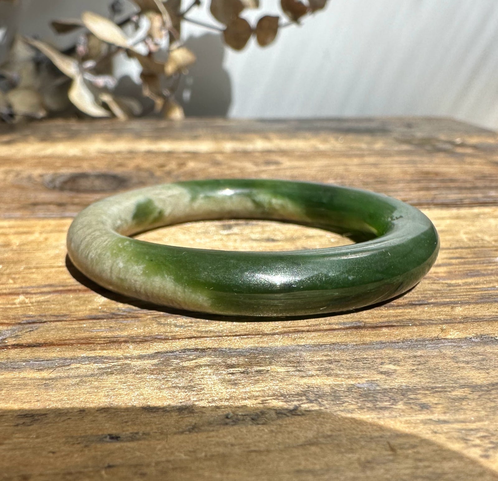 Vintage Jade 37mm green jade bangle with lighter natural patches