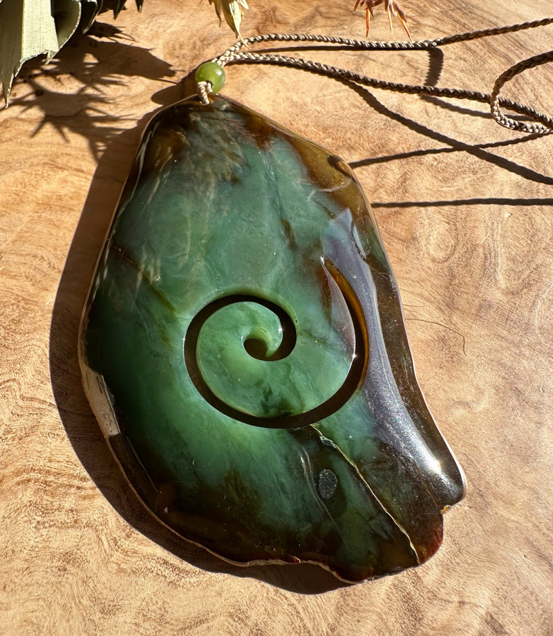 Unique Canadian Rough Jade Koru Pendant, 3.25"*