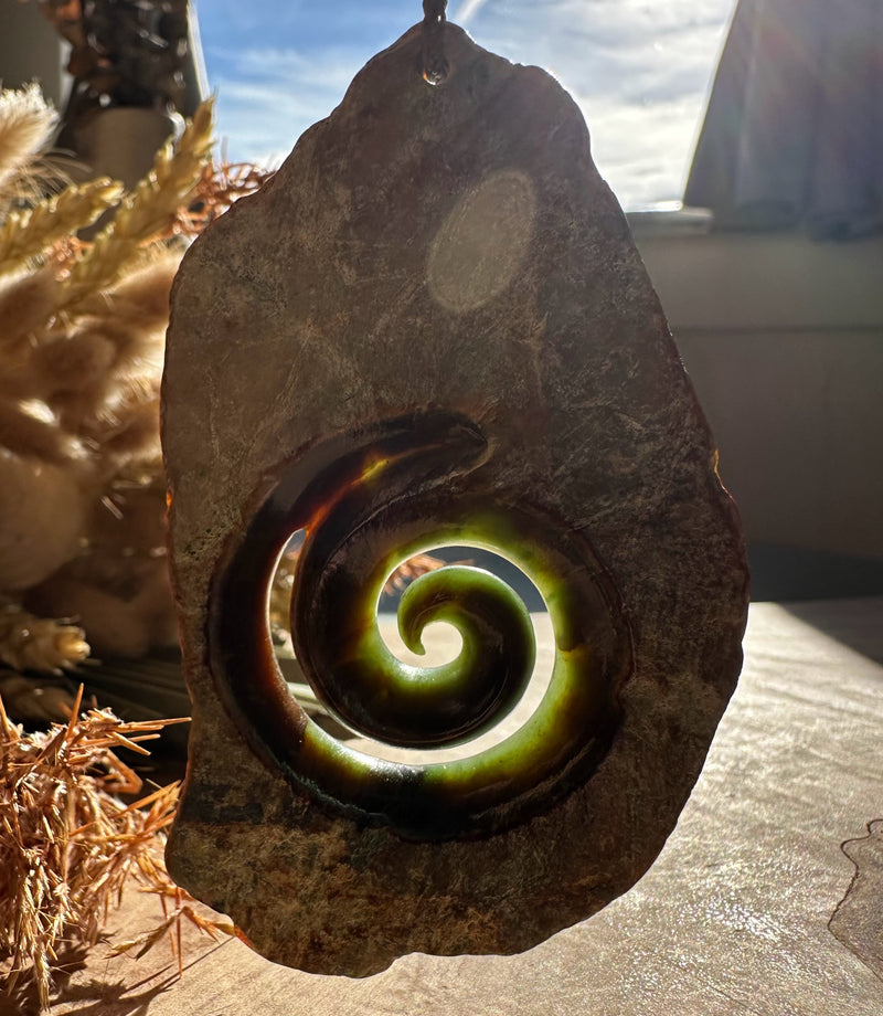 Unique Canadian Rough Jade Koru Pendant, 3.25"*
