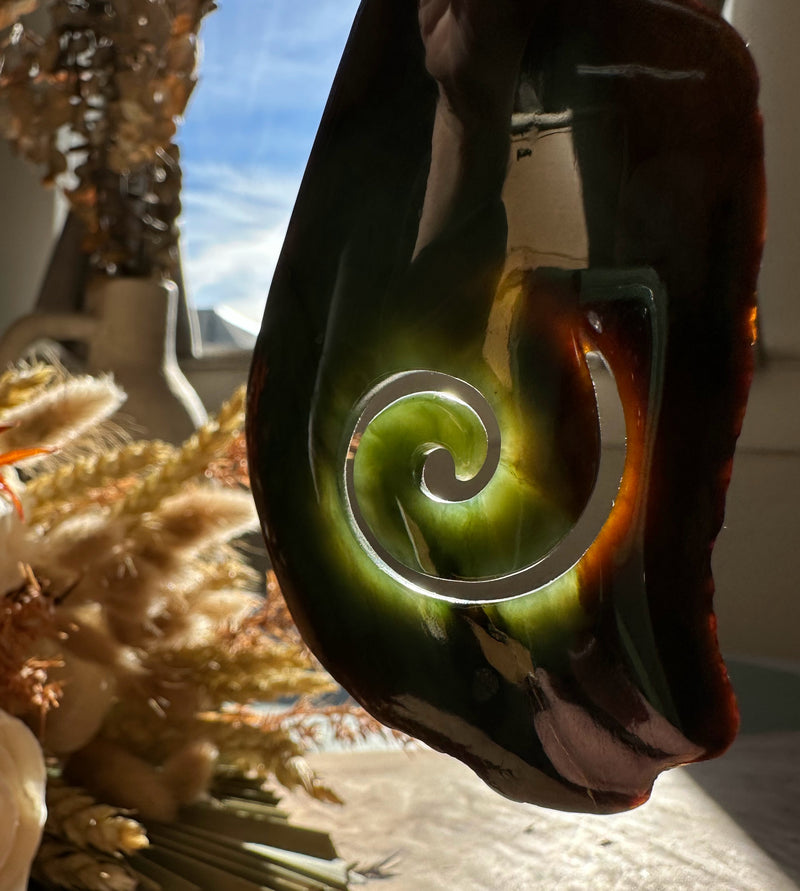 Unique Canadian Rough Jade Koru Pendant, 3.25"*